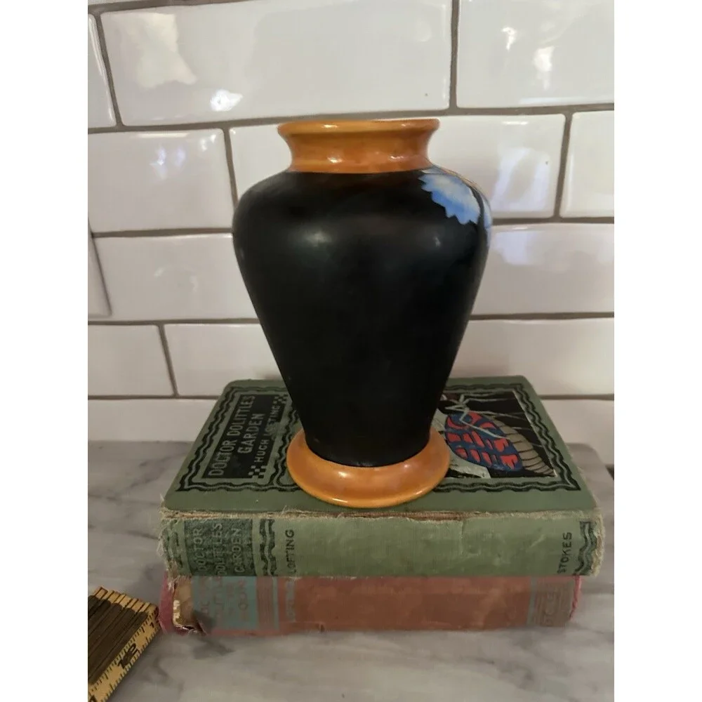 Orange Blue Red Poppy Black Flora Vase Japan Hand Painted 6.5”